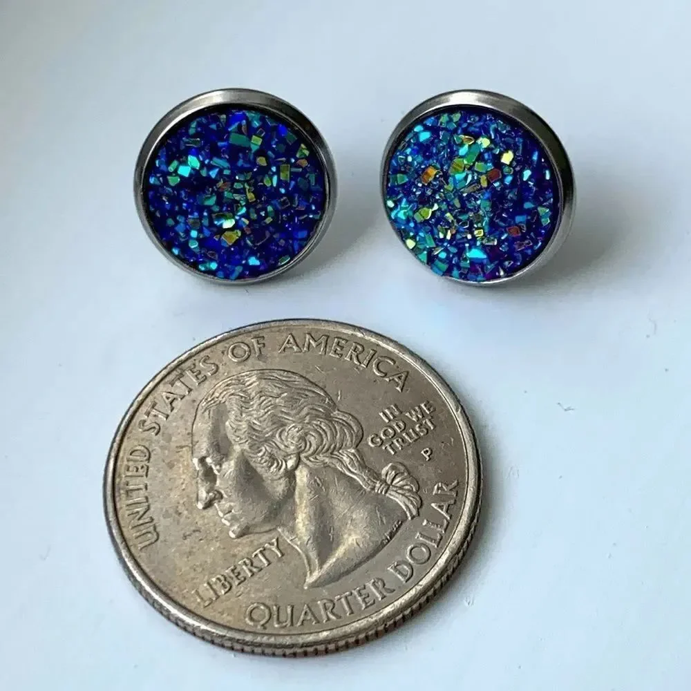 Men’s Titanium Blue Iridescent Faux Drusy Quartz Iced Out Hip Hop Stud Earrings
